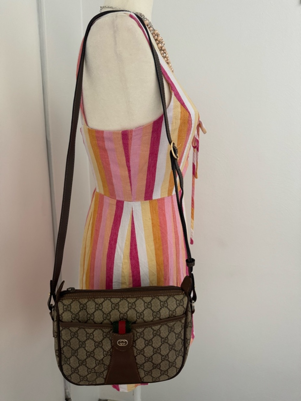 Gucci Brown GG Supreme Canvas Crossbody with Web Stripe